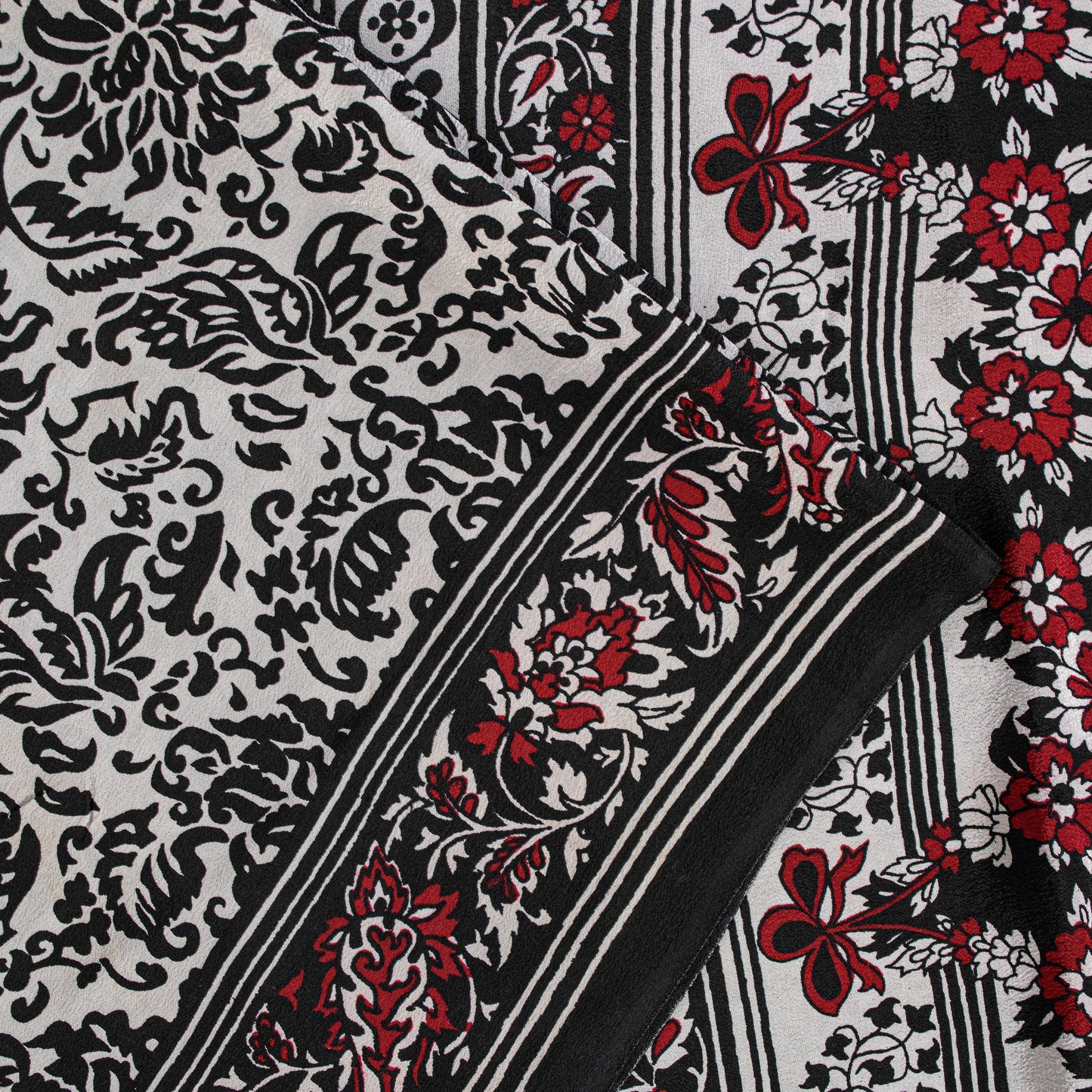 Sanskriti Vintage Black-White Sarees Pure Crepe Kalamkari Block Print 5YD Fabric