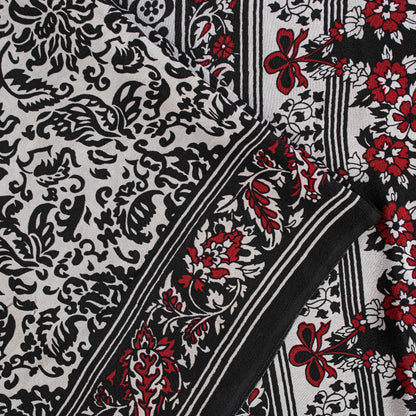 Sanskriti Vintage Black-White Sarees Pure Crepe Kalamkari Block Print 5YD Fabric