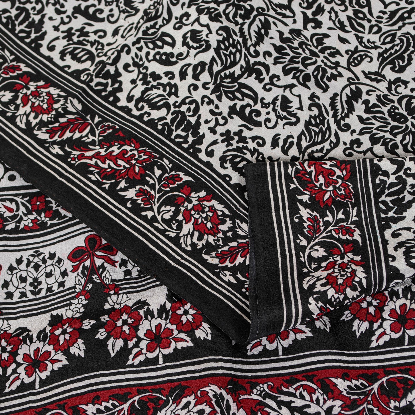 Sanskriti Vintage Black-White Sarees Pure Crepe Kalamkari Block Print 5YD Fabric