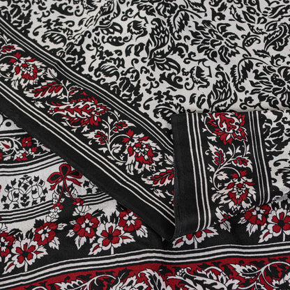 Sanskriti Vintage Black-White Sarees Pure Crepe Kalamkari Block Print 5YD Fabric