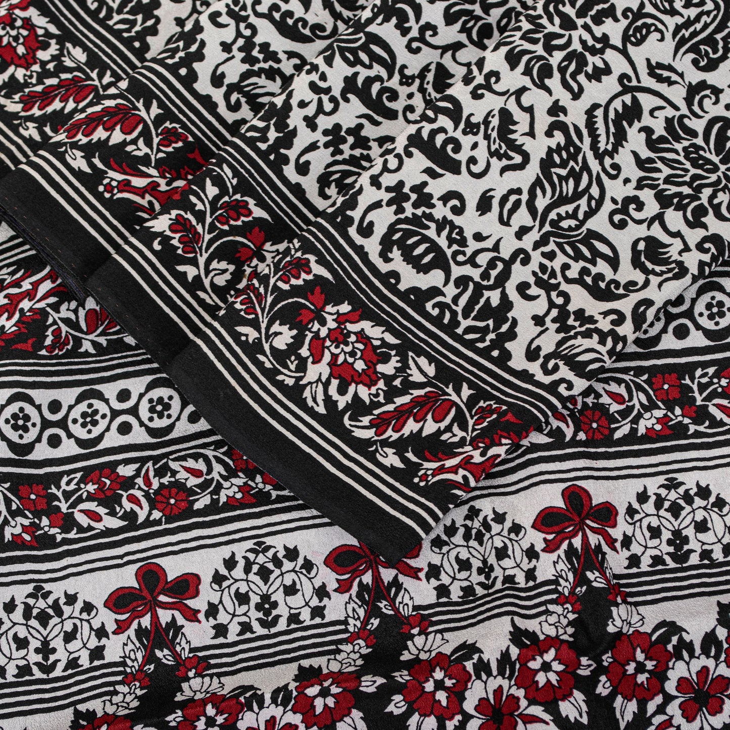 Sanskriti Vintage Black-White Sarees Pure Crepe Kalamkari Block Print 5YD Fabric