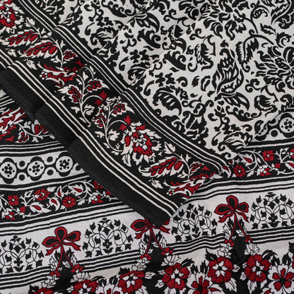 Sanskriti Vintage Black-White Sarees Pure Crepe Kalamkari Block Print 5YD Fabric