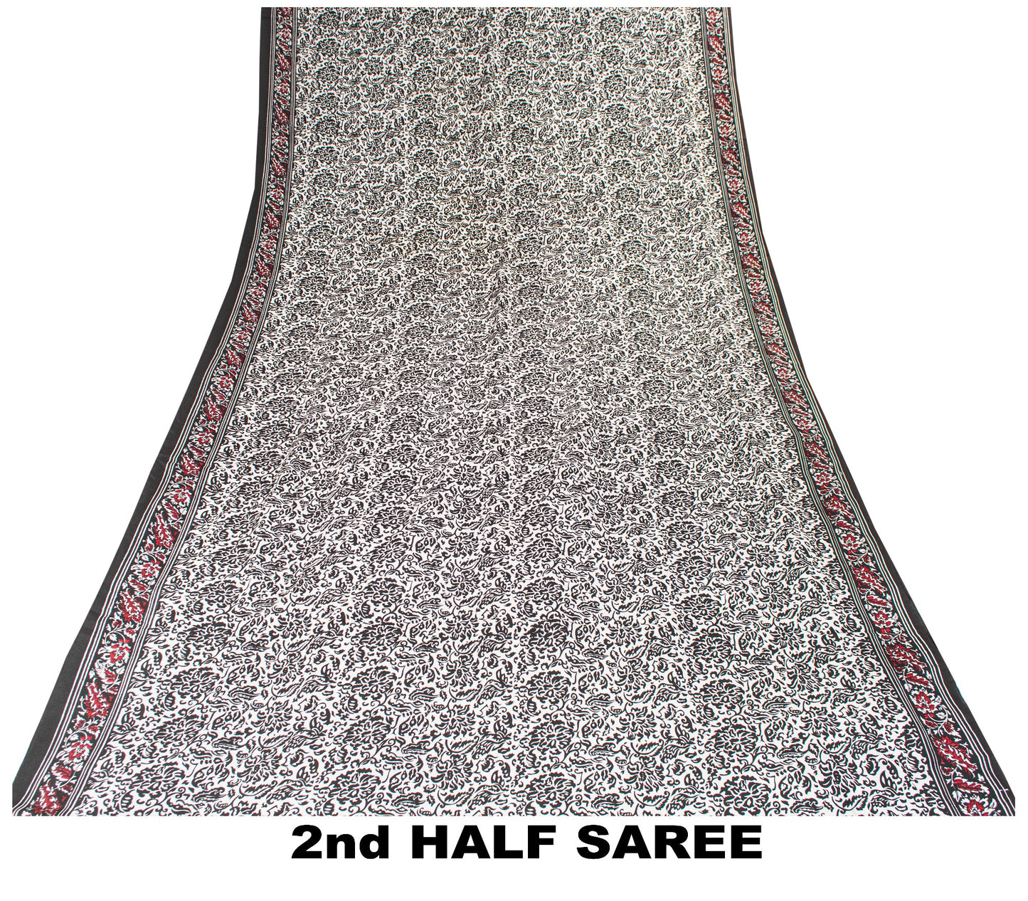 Sanskriti Vintage Black-White Sarees Pure Crepe Kalamkari Block Print 5YD Fabric