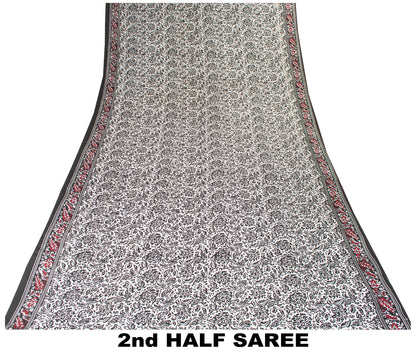 Sanskriti Vintage Black-White Sarees Pure Crepe Kalamkari Block Print 5YD Fabric