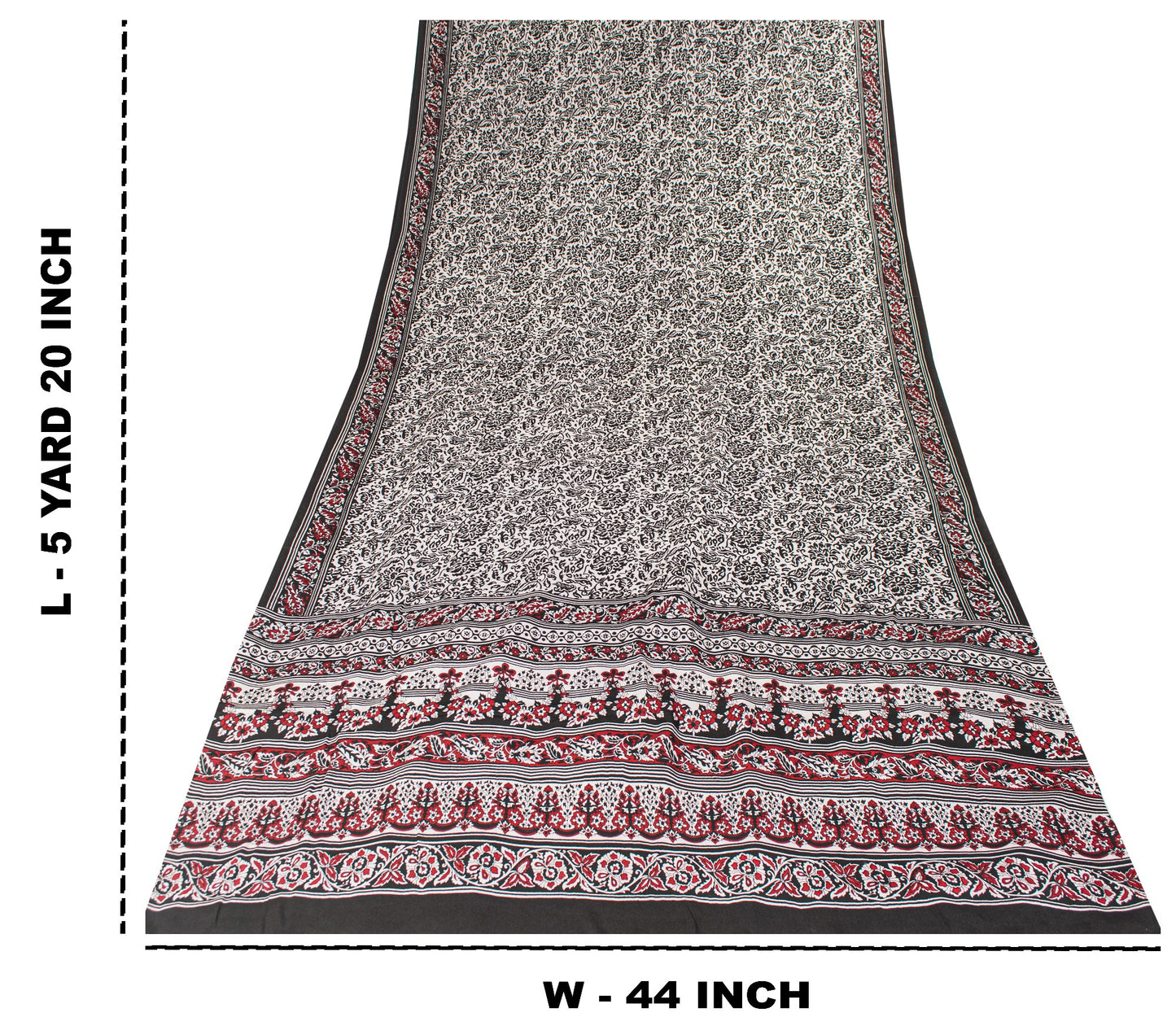 Sanskriti Vintage Black-White Sarees Pure Crepe Kalamkari Block Print 5YD Fabric