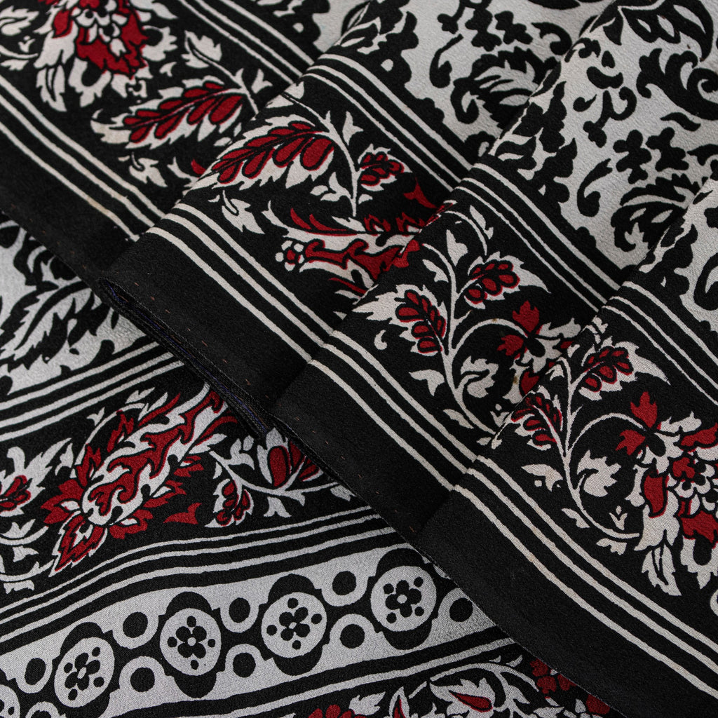 Sanskriti Vintage Black-White Sarees Pure Crepe Kalamkari Block Print 5YD Fabric