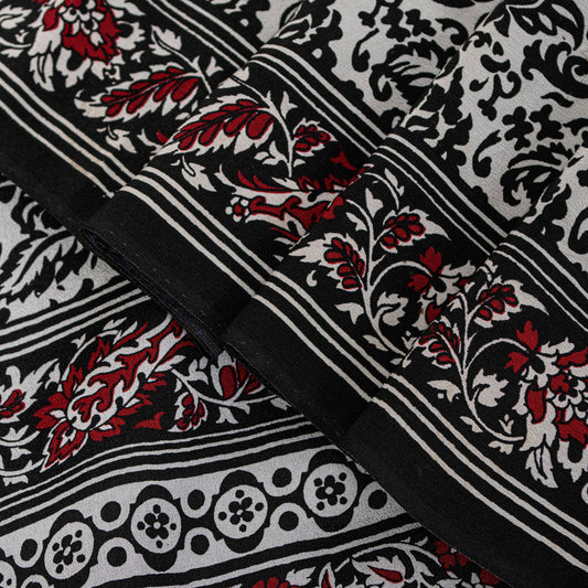 Sanskriti Vintage Black-White Sarees Pure Crepe Kalamkari Block Print 5YD Fabric