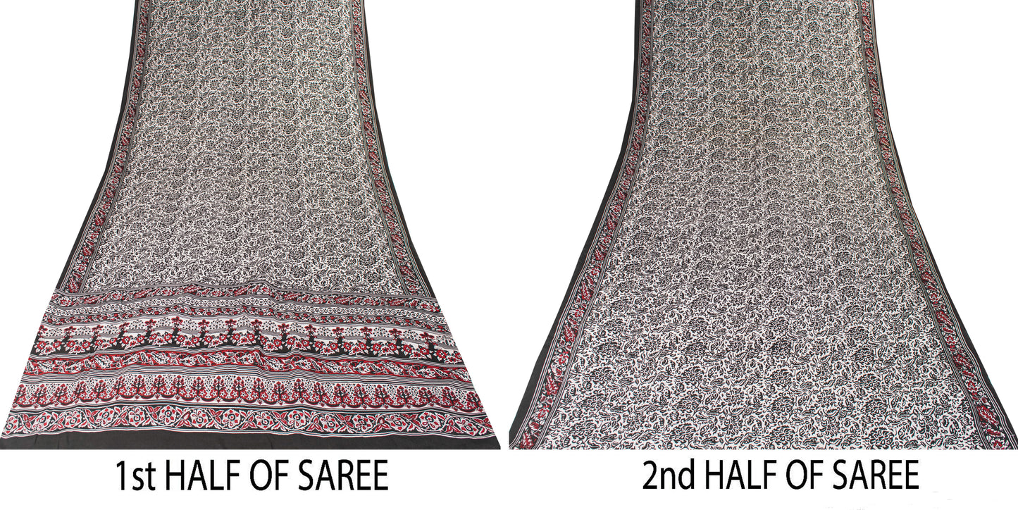 Sanskriti Vintage Black-White Sarees Pure Crepe Kalamkari Block Print 5YD Fabric