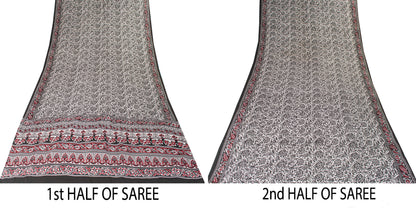 Sanskriti Vintage Black-White Sarees Pure Crepe Kalamkari Block Print 5YD Fabric