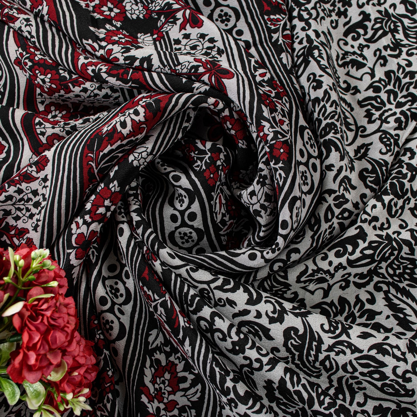 Sanskriti Vintage Black-White Sarees Pure Crepe Kalamkari Block Print 5YD Fabric