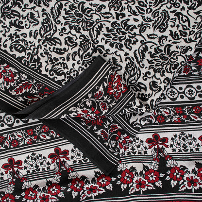 Sanskriti Vintage Black-White Sarees Pure Crepe Kalamkari Block Print 5YD Fabric