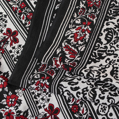 Sanskriti Vintage Black-White Sarees Pure Crepe Kalamkari Block Print 5YD Fabric
