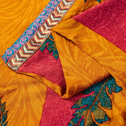 Sanskriti Vintage Red-Yellow Sarees Pure Crepe Floral Printed Sari 5.5+YD Fabric