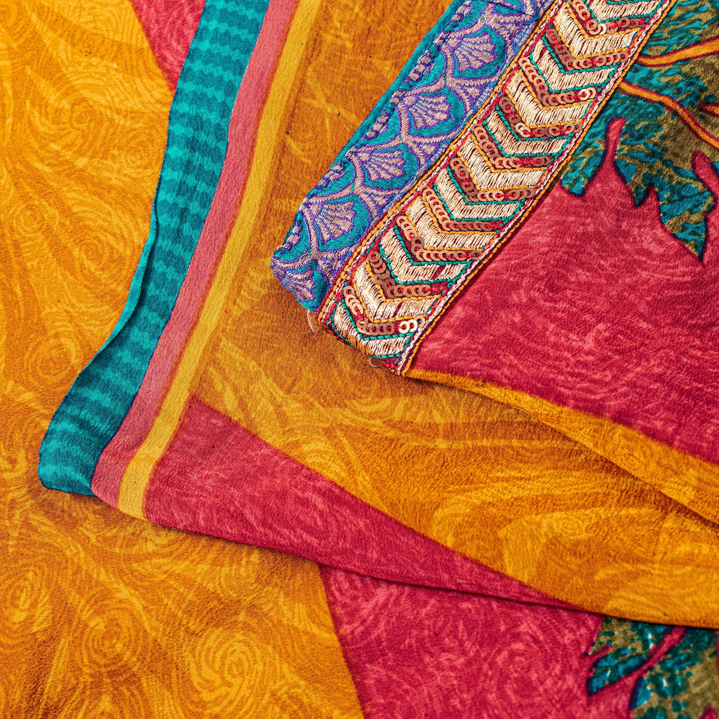 Sanskriti Vintage Red-Yellow Sarees Pure Crepe Floral Printed Sari 5.5+YD Fabric
