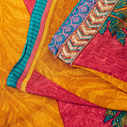 Sanskriti Vintage Red-Yellow Sarees Pure Crepe Floral Printed Sari 5.5+YD Fabric