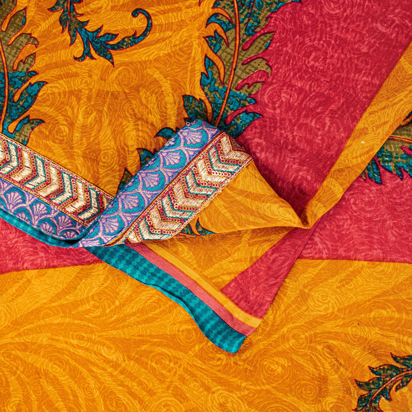 Sanskriti Vintage Red-Yellow Sarees Pure Crepe Floral Printed Sari 5.5+YD Fabric