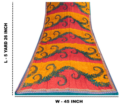 Sanskriti Vintage Red-Yellow Sarees Pure Crepe Floral Printed Sari 5.5+YD Fabric