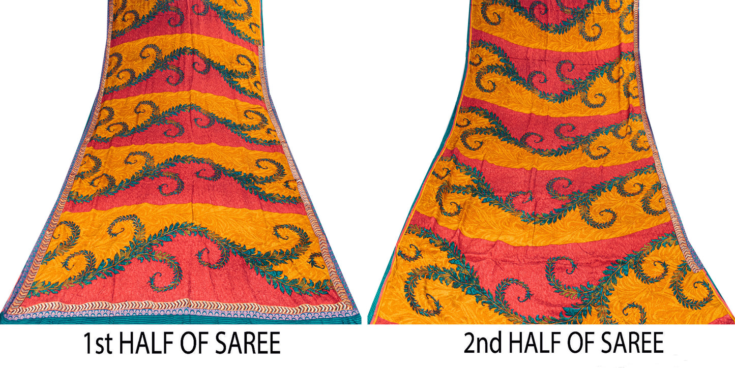 Sanskriti Vintage Red-Yellow Sarees Pure Crepe Floral Printed Sari 5.5+YD Fabric