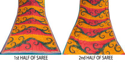 Sanskriti Vintage Red-Yellow Sarees Pure Crepe Floral Printed Sari 5.5+YD Fabric