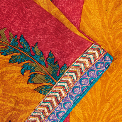 Sanskriti Vintage Red-Yellow Sarees Pure Crepe Floral Printed Sari 5.5+YD Fabric