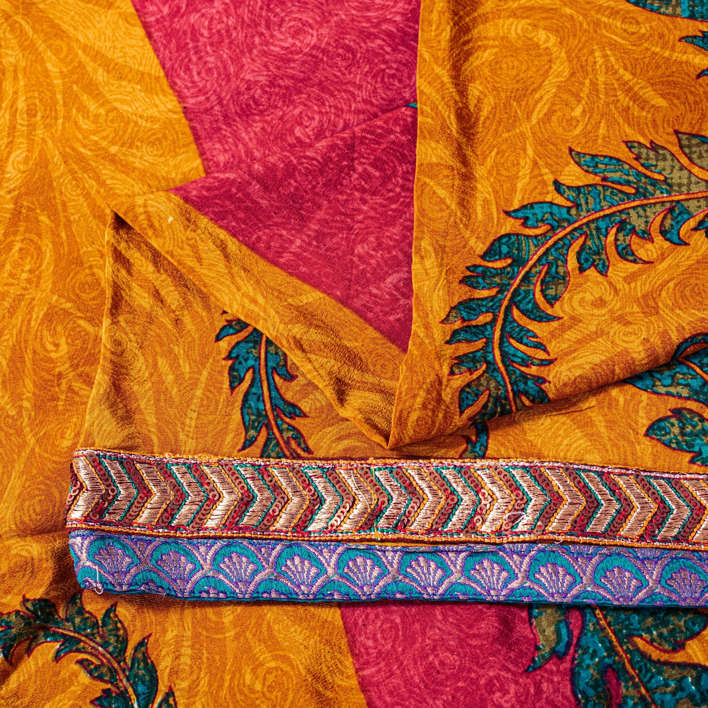 Sanskriti Vintage Red-Yellow Sarees Pure Crepe Floral Printed Sari 5.5+YD Fabric