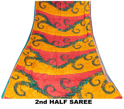 Sanskriti Vintage Red-Yellow Sarees Pure Crepe Floral Printed Sari 5.5+YD Fabric