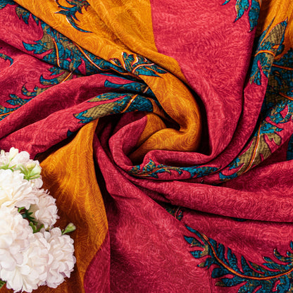 Sanskriti Vintage Red-Yellow Sarees Pure Crepe Floral Printed Sari 5.5+YD Fabric