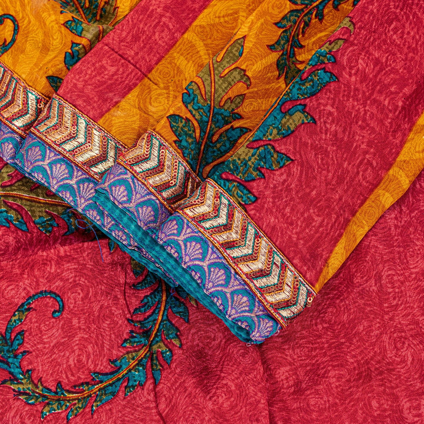 Sanskriti Vintage Red-Yellow Sarees Pure Crepe Floral Printed Sari 5.5+YD Fabric