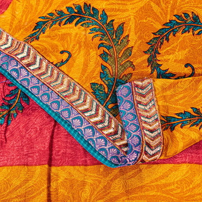 Sanskriti Vintage Red-Yellow Sarees Pure Crepe Floral Printed Sari 5.5+YD Fabric