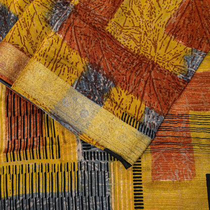 Sanskriti Vintage Yellow Pure Crepe Sarees Geometric Printed Sari 5.5+YD Fabric