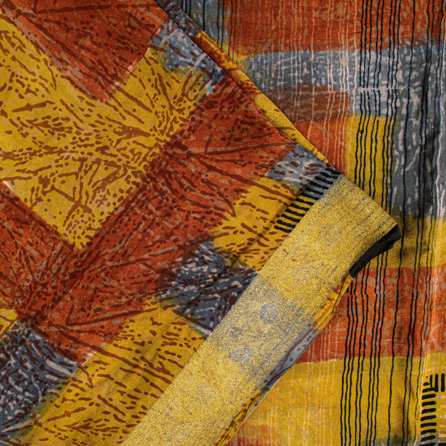 Sanskriti Vintage Yellow Pure Crepe Sarees Geometric Printed Sari 5.5+YD Fabric