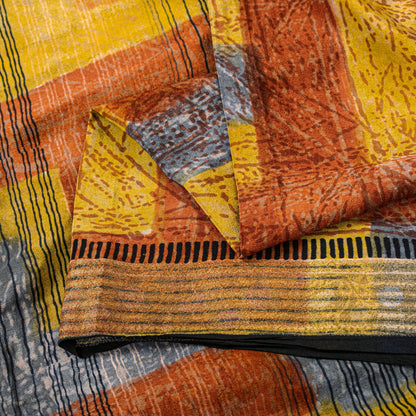 Sanskriti Vintage Yellow Pure Crepe Sarees Geometric Printed Sari 5.5+YD Fabric