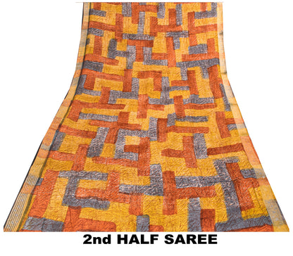 Sanskriti Vintage Yellow Pure Crepe Sarees Geometric Printed Sari 5.5+YD Fabric