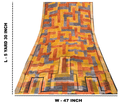 Sanskriti Vintage Yellow Pure Crepe Sarees Geometric Printed Sari 5.5+YD Fabric