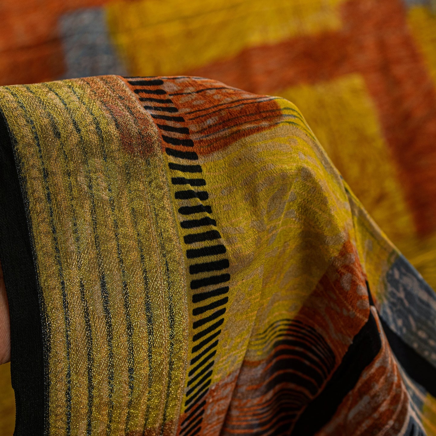 Sanskriti Vintage Yellow Pure Crepe Sarees Geometric Printed Sari 5.5+YD Fabric
