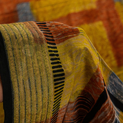 Sanskriti Vintage Yellow Pure Crepe Sarees Geometric Printed Sari 5.5+YD Fabric