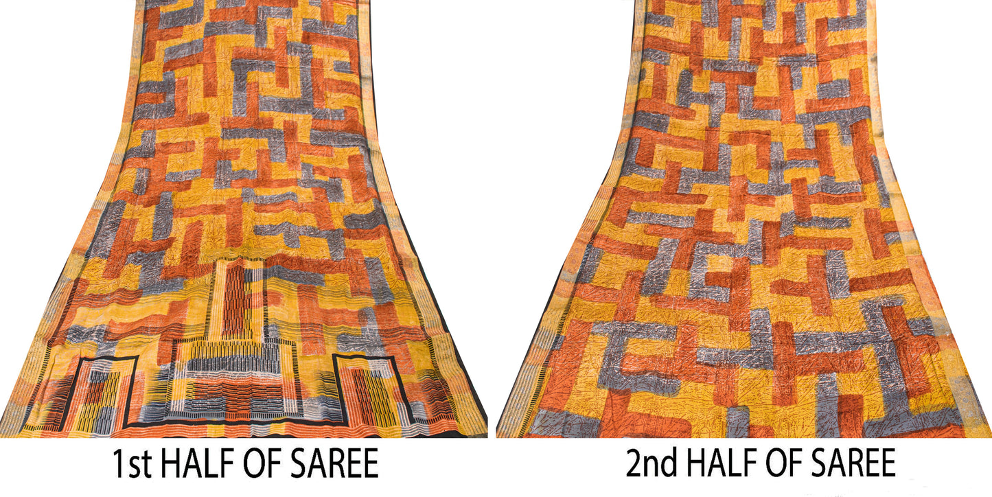 Sanskriti Vintage Yellow Pure Crepe Sarees Geometric Printed Sari 5.5+YD Fabric