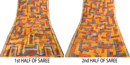 Sanskriti Vintage Yellow Pure Crepe Sarees Geometric Printed Sari 5.5+YD Fabric
