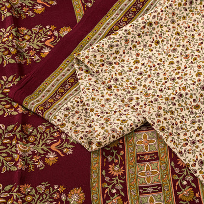 Sanskriti Vintage Cream-Red Saree Pure Crepe Kalamkari Print Sari 5.5+YD Fabric