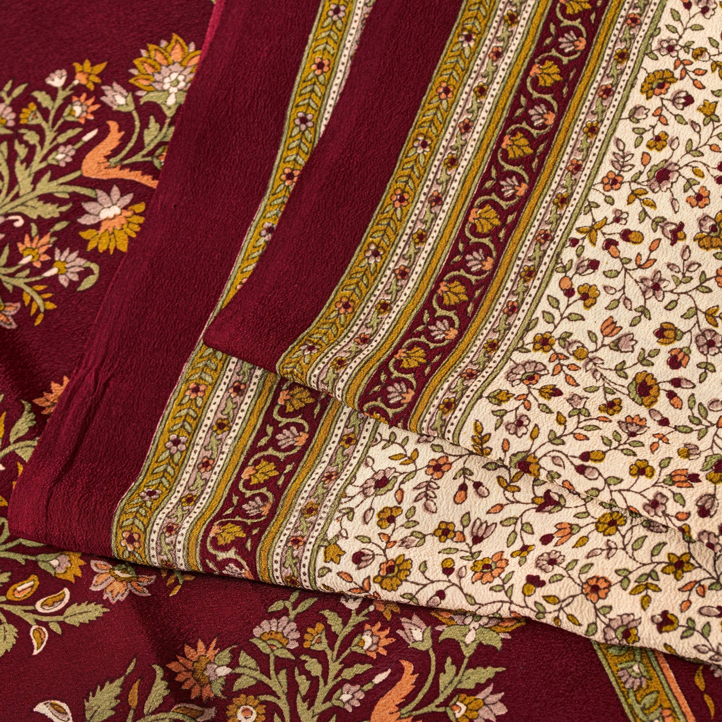 Sanskriti Vintage Cream-Red Saree Pure Crepe Kalamkari Print Sari 5.5+YD Fabric