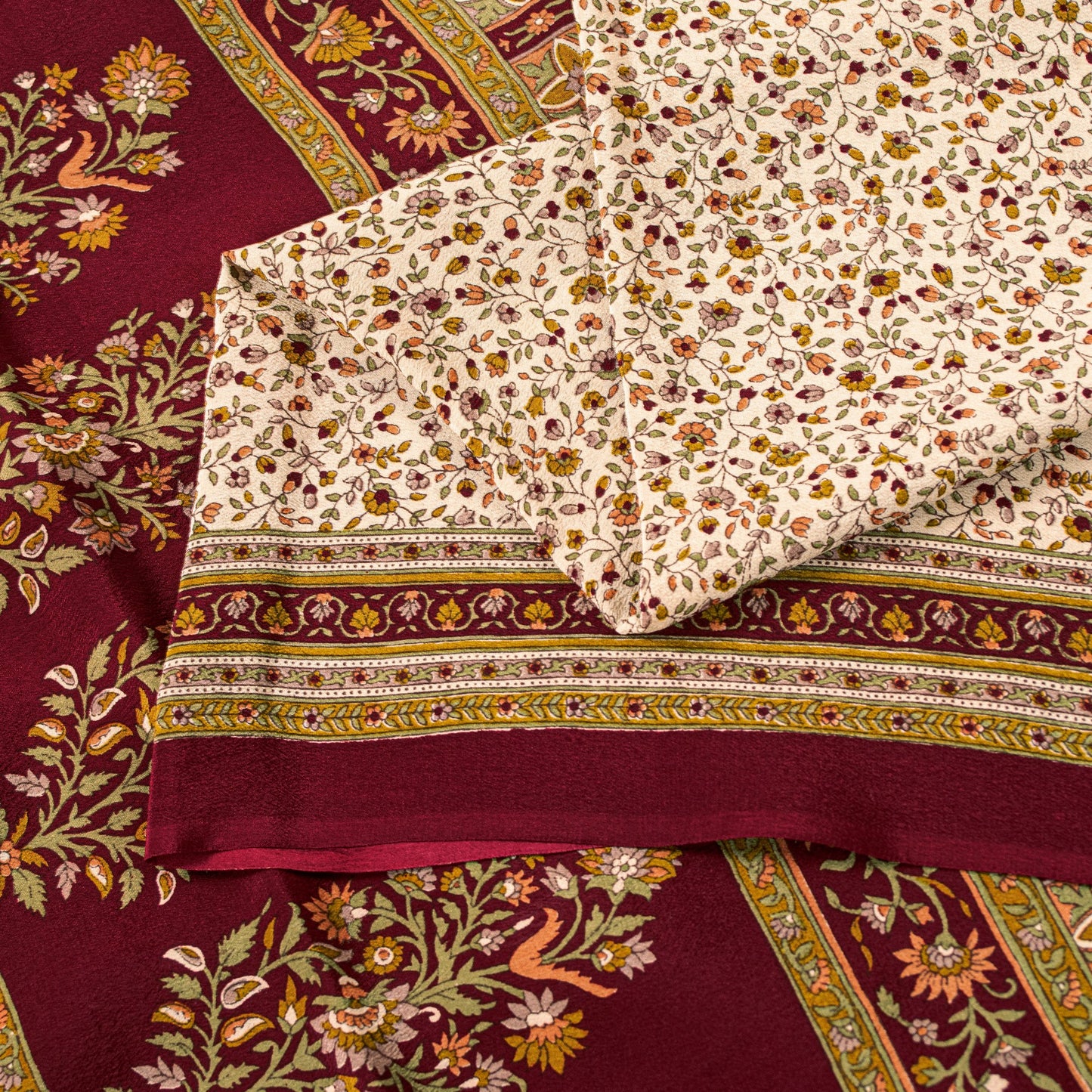 Sanskriti Vintage Cream-Red Saree Pure Crepe Kalamkari Print Sari 5.5+YD Fabric
