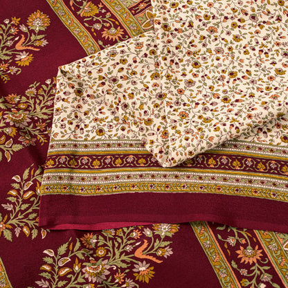 Sanskriti Vintage Cream-Red Saree Pure Crepe Kalamkari Print Sari 5.5+YD Fabric