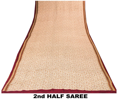 Sanskriti Vintage Cream-Red Saree Pure Crepe Kalamkari Print Sari 5.5+YD Fabric