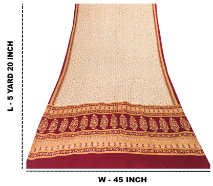 Sanskriti Vintage Cream-Red Saree Pure Crepe Kalamkari Print Sari 5.5+YD Fabric