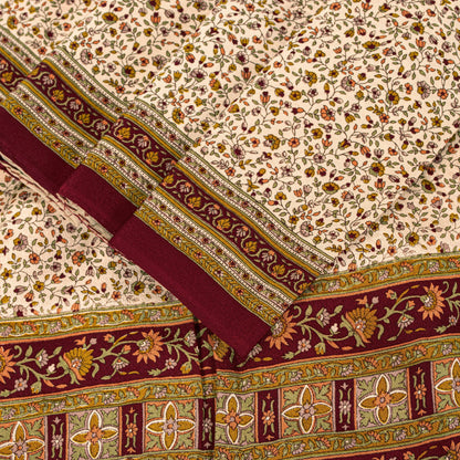 Sanskriti Vintage Cream-Red Saree Pure Crepe Kalamkari Print Sari 5.5+YD Fabric