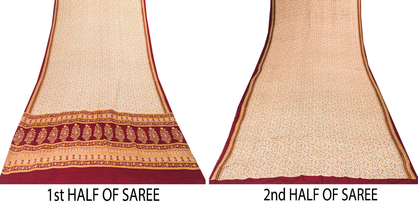 Sanskriti Vintage Cream-Red Saree Pure Crepe Kalamkari Print Sari 5.5+YD Fabric