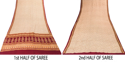 Sanskriti Vintage Cream-Red Saree Pure Crepe Kalamkari Print Sari 5.5+YD Fabric