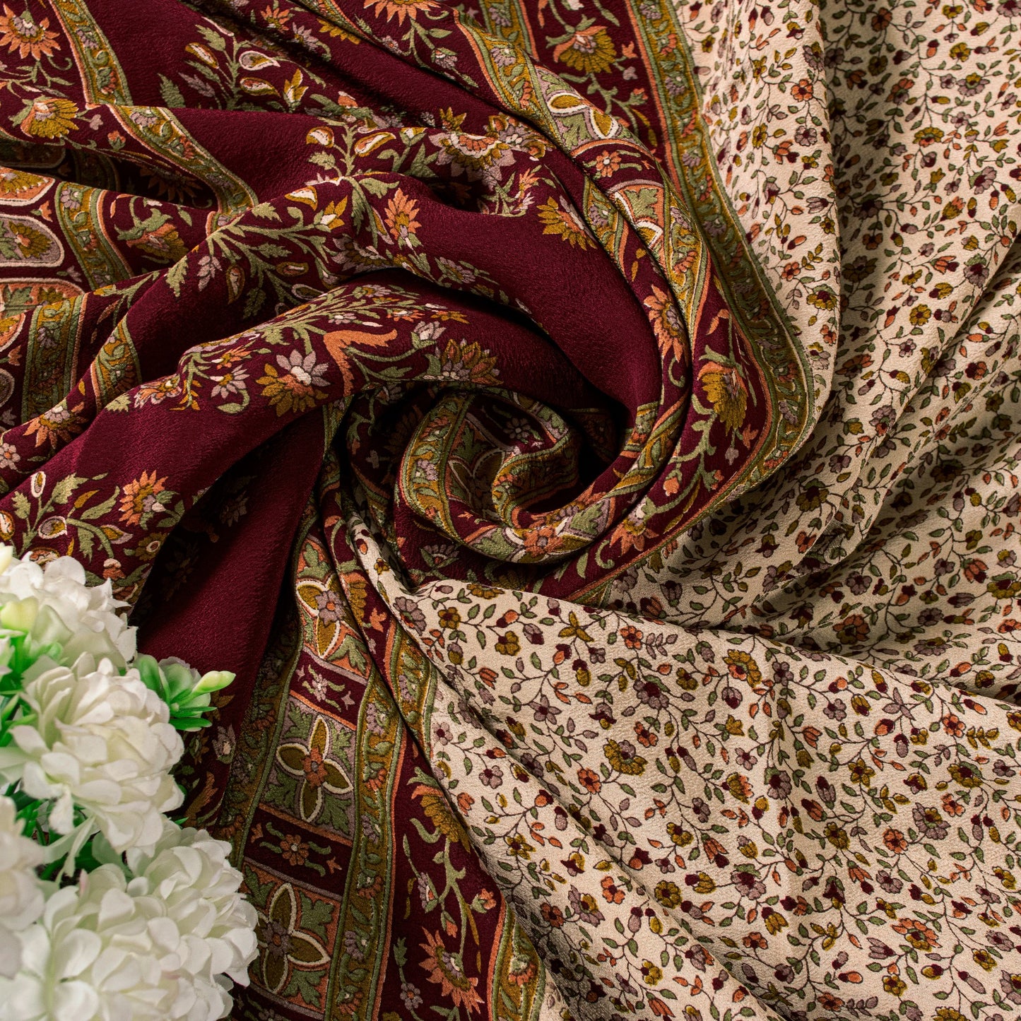 Sanskriti Vintage Cream-Red Saree Pure Crepe Kalamkari Print Sari 5.5+YD Fabric