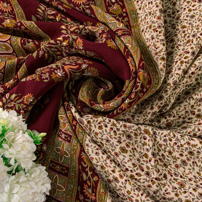 Sanskriti Vintage Cream-Red Saree Pure Crepe Kalamkari Print Sari 5.5+YD Fabric