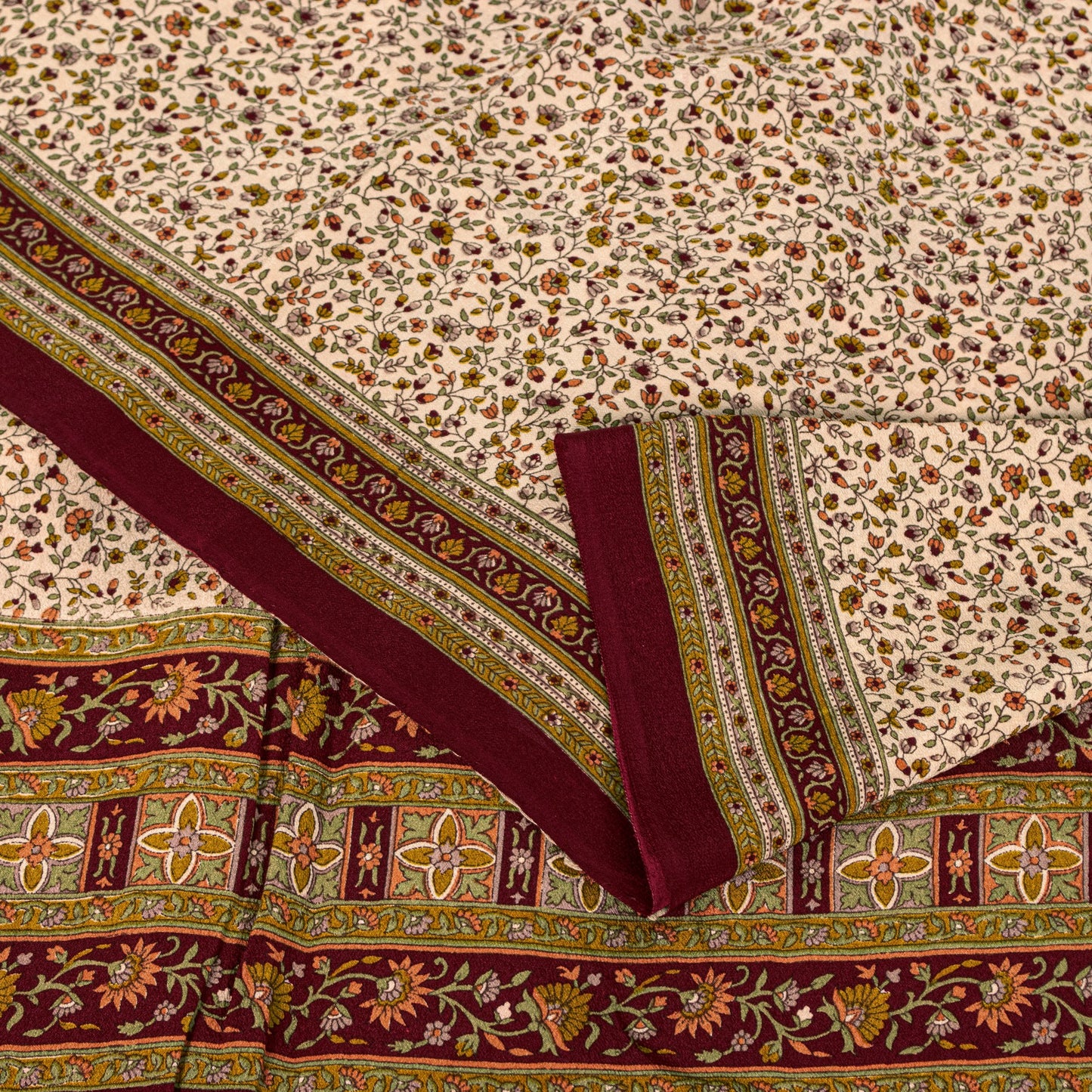 Sanskriti Vintage Cream-Red Saree Pure Crepe Kalamkari Print Sari 5.5+YD Fabric